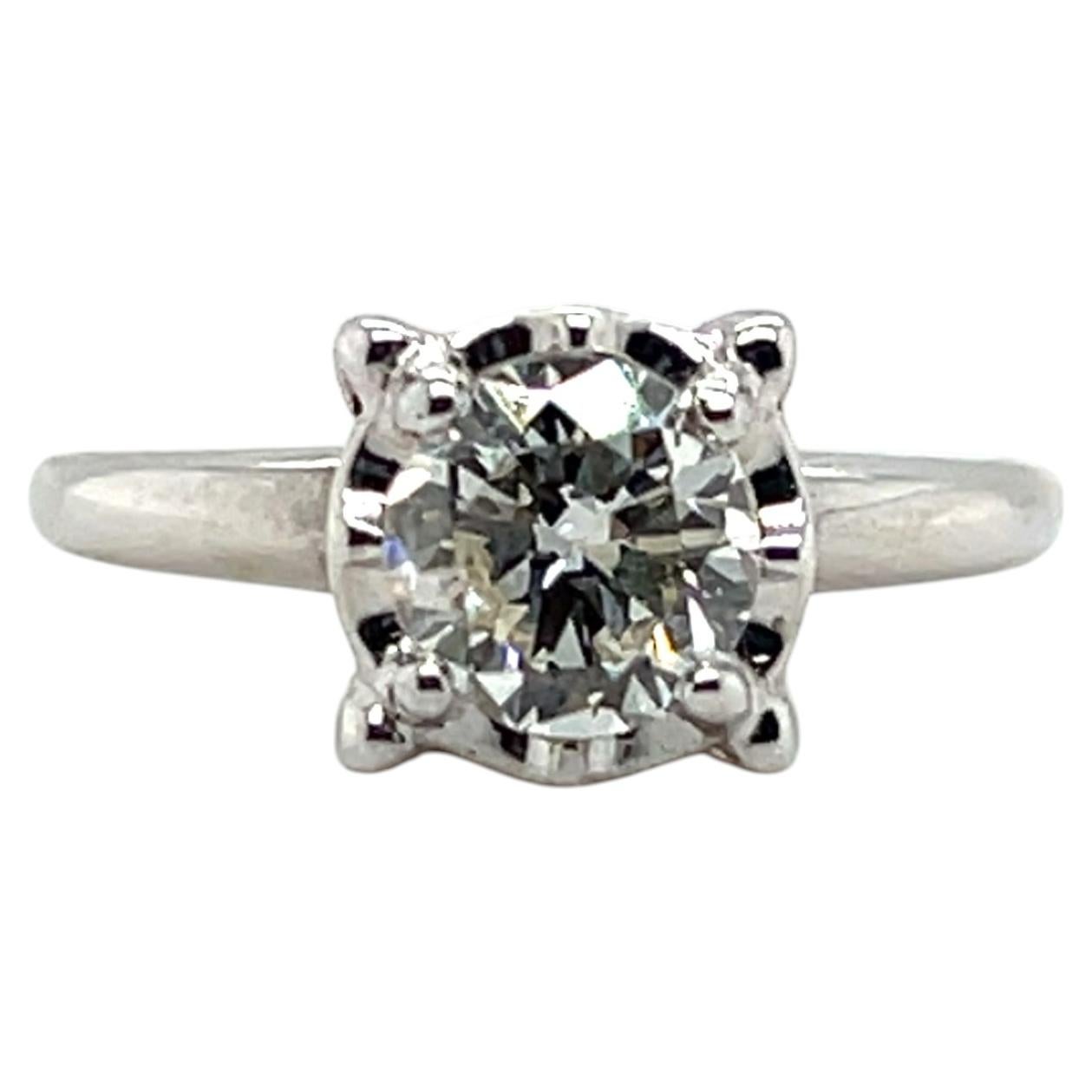 Mid-Century 0.96 Carat Diamond Solitaire Ring, Illusion Set, 14K White Gold