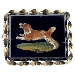Victorian 14K Gold Black Onyx Panel Micro Mosaic Spaniel Dog Brooch