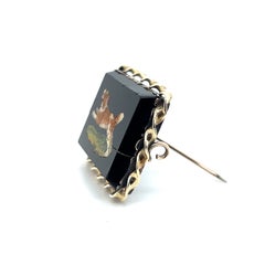 Victorian 14K Gold Black Onyx Panel Micro Mosaic Spaniel Dog Brooch