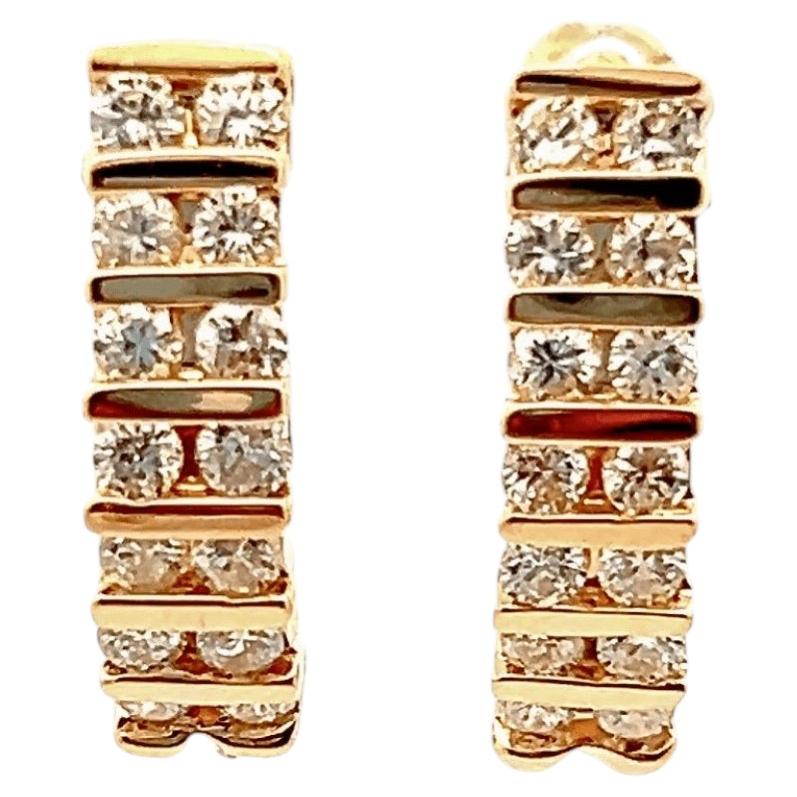 Contemporary 1.26tcw 14K Gold Double Row Diamond J-Hoop Earrings For Sale