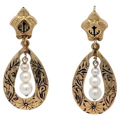 Victorian Taille d'Epargne Enamel and Pearl 14K Gold Teardrop Earrings