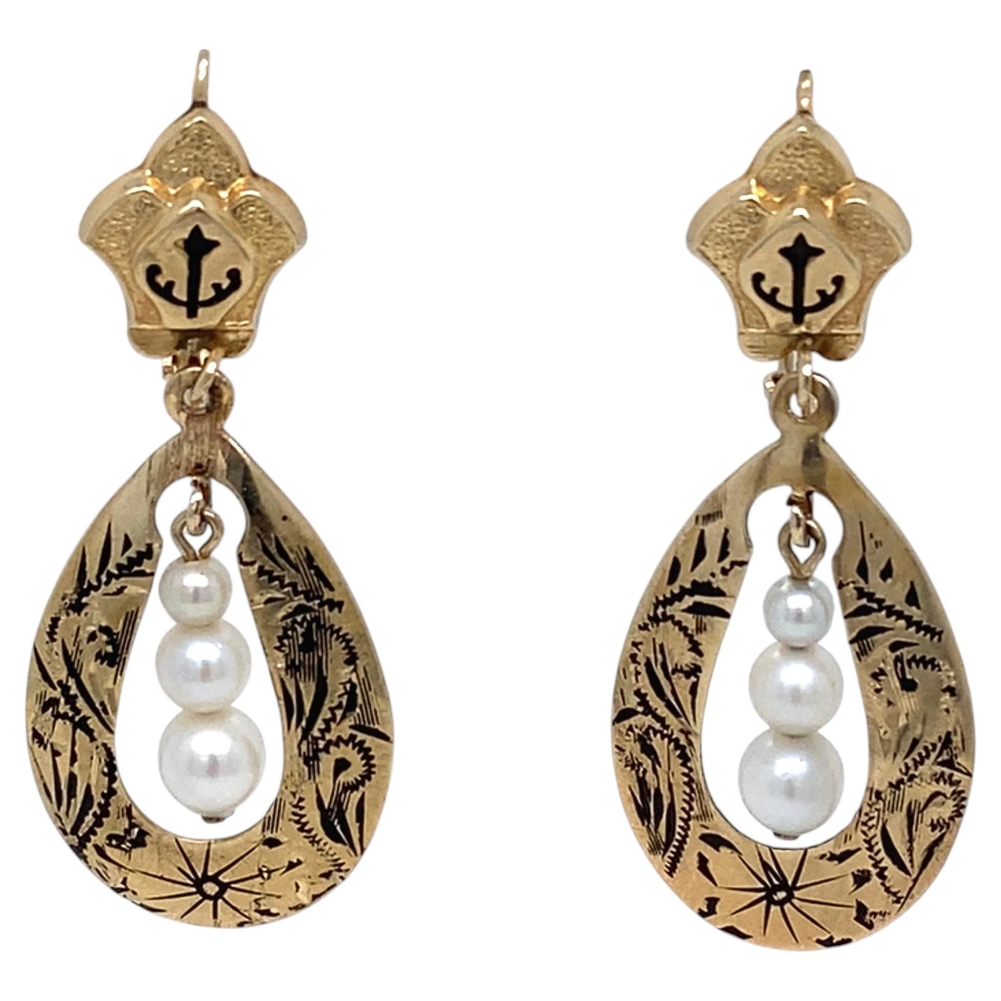Victorian Taille d'Epargne Enamel and Pearl 14K Gold Teardrop Earrings For Sale