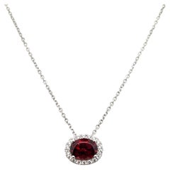 Contemporary 2.20 Carat Garnet & Diamond Halo 14K White Gold Pendant Necklace