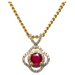 Contemporary Ruby Diamond Halo 14k Yellow Gold Floral Design Pendant