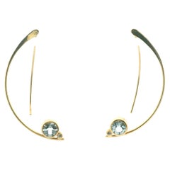 Estate 14K Yellow Gold Aquamarine and Diamond Half Moon Wire Drop Earrings