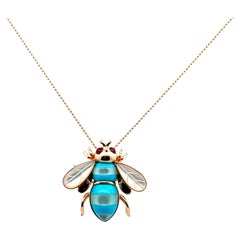 14K Gold Turquoise Mother of Pearl Ruby Bee Pendant Brooch Circa 1960s