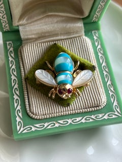 14K Gold Turquoise Mother of Pearl Ruby Bee Pendant Brooch Circa 1960s