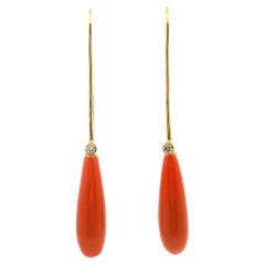 Contemporary 18K Yellow Gold Coral & Diamond Drop Earrings 1980s