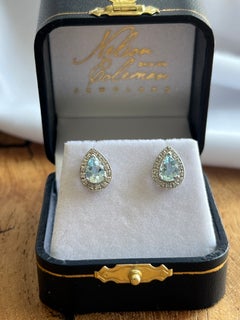 Contemporary 14K White Gold Pear Aquamarine and Diamond Cluster Stud Earrings