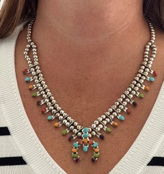 Sterling Silver Turquoise Coral Spiny Oyster & Charoite Squash Blossom Necklace