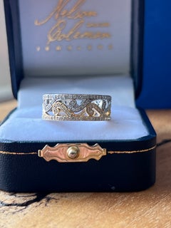Contemporary 14K Two Tone Gold Diamond Openwork Scroll Band