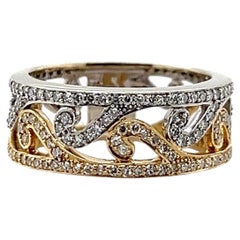 Contemporary 14K Two Tone Gold Diamond Openwork Scroll Band