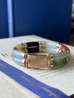 Vintage 14K Gold Undyed Jadeite Tube Link Bracelet 1970s