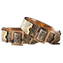 Victorian 14K Gold & Black Enamel Belt Style Wedding Cuff Pair, Circa 1870s