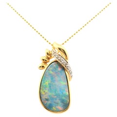 14K Yellow Gold Freeform Doublet Opal and Diamond Pendant 1980s