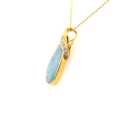 14K Yellow Gold Freeform Doublet Opal and Diamond Pendant 1980s