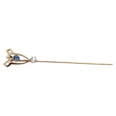 14K Yellow Gold Art Nouveau Sapphire, Diamond and Pearl Stick Pin, Circa 1900