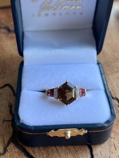 Contemporary 5.73ct Smoky Quartz Garnet & Diamond 14k Yellow Gold Statement Ring