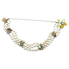 Bracciale vintage a 3 fili con perle Akoya e ciondoli in diamante, opale, ametista e turchese