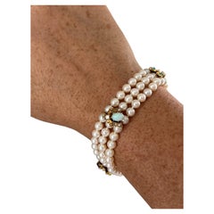 Bracciale vintage a 3 fili con perle Akoya e ciondoli in diamante, opale, ametista e turchese