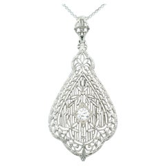 Art Deco 14K White Gold & 0.20tcw Diamond Old European Cut Filigree Pendant
