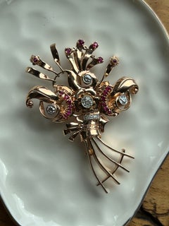 Retro 2.06ctw Diamond & 1.33tcw Ruby 14K Rose Gold Floral Bouquet Brooch 1940s