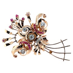 Retro 2.06ctw Diamond & 1.33tcw Ruby 14K Rose Gold Floral Bouquet Brooch 1940s