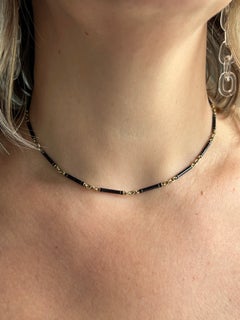 Art Deco 14K Yellow Gold & Black Enamel Tube Link Necklace