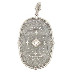 Art Deco 14K White Gold & Old European Cut Diamond Filigree Pendant