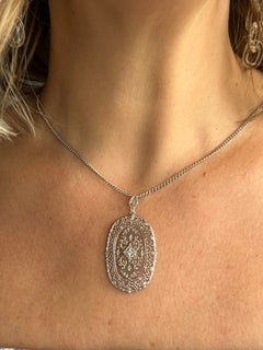 Art Deco 14K White Gold & Old European Cut Diamond Filigree Pendant