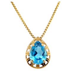 10.77ct Blue Topaz Pear Cut 14k Yellow Gold Halo Slide Pendant 1990s