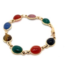 Egyptian Revival 14K Yellow Gold Carved Scarab Multi Gemstone Link Bracelet 1970