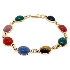 Egyptian Revival 14K Yellow Gold Carved Scarab Multi Gemstone Link Bracelet 1970
