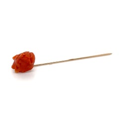 Victorian 14K Yellow Gold & Carved Coral Animal Head Stickpin