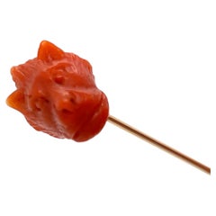 Victorian 14K Yellow Gold & Carved Coral Animal Head Stickpin