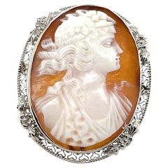 Art Deco 14K White Gold Shell Cameo Floral Filigree Convertible Brooch Pendant