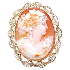 Edwardian Bacchante Shell Cameo Seed Pearl 10K Yellow Gold Twisted Frame Brooch