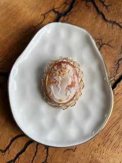 Edwardian Bacchante Shell Cameo Seed Pearl 10K Yellow Gold Twisted Frame Brooch