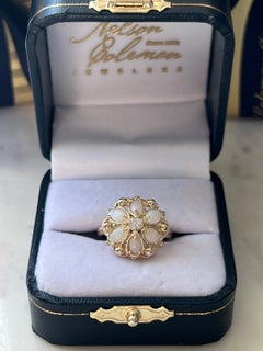 Mid Century 0.97tcw Opal & Diamond 14K Yellow Gold Flower Cocktail Ring 1960s