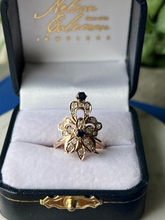 Vintage Victorian Inspired Sapphire & Diamond 14K Yellow Gold Floral Ring 1970s