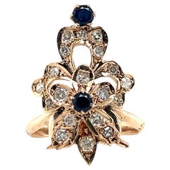 Vintage Victorian Inspired Sapphire & Diamond 14K Yellow Gold Floral Ring 1970s