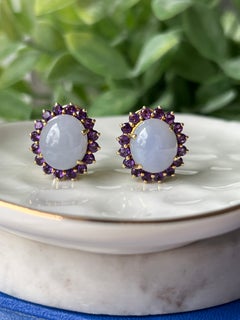 12.62tcw Lavender Jadeite & Amethyst 14K Yellow Gold Omega Back Earrings 1980s