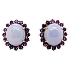 12.62tcw Lavender Jadeite & Amethyst 14K Yellow Gold Omega Back Earrings 1980s