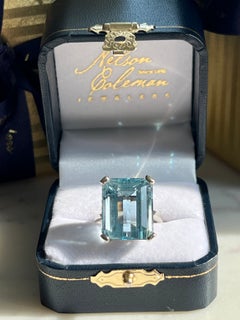 Mid Century 14K White Gold & 18.59ct Aquamarine Emerald Cut Cocktail Ring 1950s