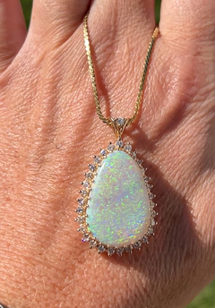 Contemporary 5.60ct Pear Cabochon Opal & Diamond 14K Yellow Gold Halo Pendant
