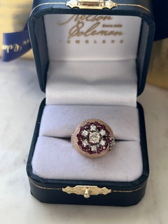 Mid Century 1.08tcw Ruby & Diamond 14K Yellow Gold Dome Cluster Ring 1960s