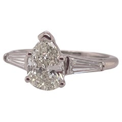 GIA Certified 1 Carat Pear Diamond Baguette Platinum Engagement Ring