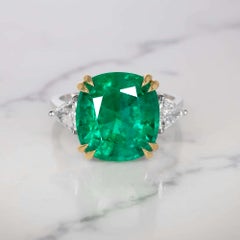 GIA Certified 6.60 Carat Cushion Cut Green Emerald Trillion Diamond Ring