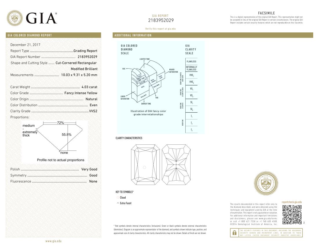Women's or Men's GIA Certified 4 Carat Fancy Intense Yellow Cushion Cut Diamond Ring 