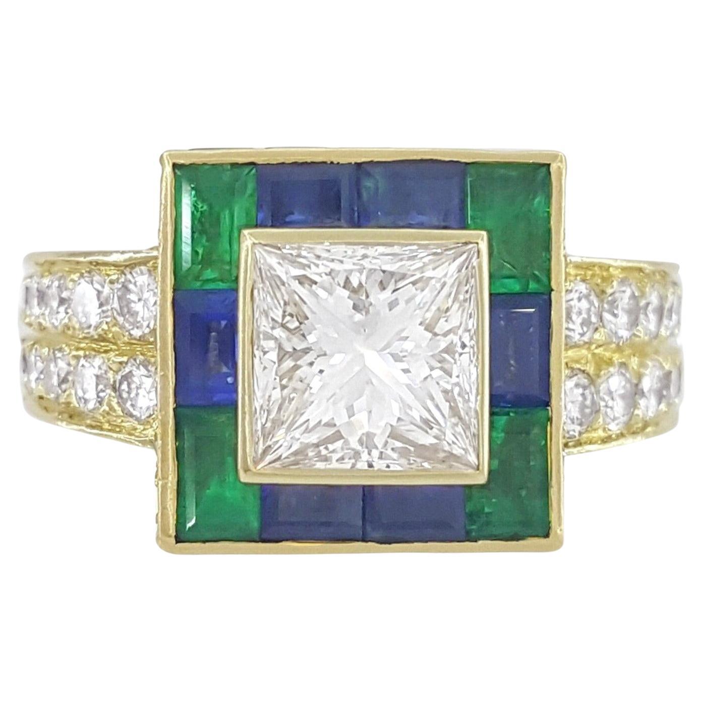 Tiffany & Co. 5.89 ctw 18K Princess Cut Diamond, Baguette Cut Blue Sapphire Ring